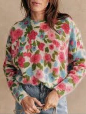 NWT Sezane Janelia Mohair Wool Floral Sweater Pink Turquoise in Size XXS